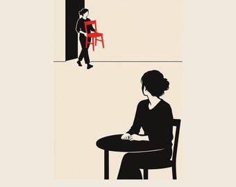 Minimalist Wall Art Printable, Woman Carrying Red Chair, Black Cream Silhouette Poster