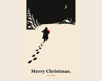 Printable Christmas Card, Snowy Night Silhouette, Minimalist AI Art (Digital Download)