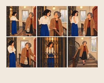 Hallway Wall Art Printable, Six Panel Comic of Two Neighbours, Stairwell Story Print