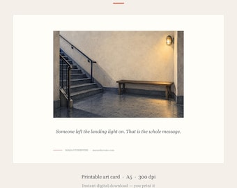 Printable Art Card, Stairwell Landing Light at Night, AI Generated A5 Download