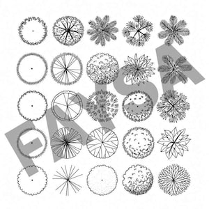 May include: A collection of twenty-five black and white line art illustrations of trees viewed from above, arranged in a five-by-five grid. Each circular icon features a unique canopy texture, including radial lines, jagged edges, and foliage patterns.