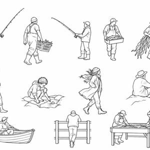 May include: A collection of black and white line art illustrations depicting various figures engaged in coastal activities, including fishing with rods, carrying crates of fish, gathering seaweed, rowing a small boat, and processing fish at a table.