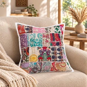 White Khambadiya Patchwork Cushion Cover, Colorful Indian Embroidered Pillow, Boho Floral Sofa Decor, Eclectic Textile Accent