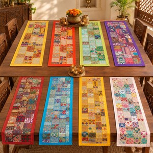 Indian Khambadiya Patchwork Table Runner in 8 Colors, Embroidered Boho Dining Decor, Handmade Ethnic Table Linen, Vintage Coffee Mat