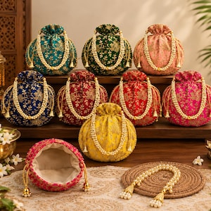 May include: A collection of round drawstring pouches in various colors including teal, green, pink, blue, red, and yellow. Each pouch features intricate gold floral embroidery and a handle made of white faux pearls with gold-toned metal tassels.