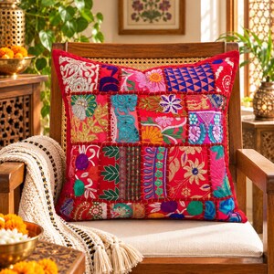 Deep Red Khambadiya Patchwork Cushion Cover, Indian Floral Embroidered Pillow, Burgundy Boho Sofa Accent, Eclectic Home Decor