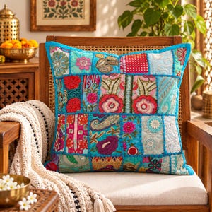 Turquoise Blue Patchwork Cushion Cover, Floral Embroidered Boho Pillow, Indian Khambadiya Textile Art, Colorful Accent Decor