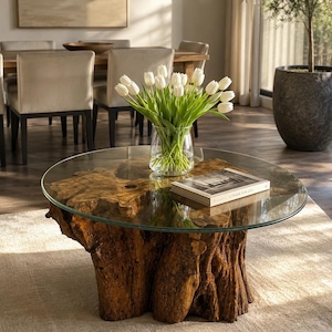 May include: A round coffee table featuring a thick, natural wood tree stump base topped with a clear circular glass surface. A glass vase filled with white tulips and a rectangular book with a white cover rest on the glass tabletop.