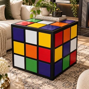 Handmade Rubiks Cube Coffee Table Colorful Puzzle Wooden Cube Side Table, Geometric End Table Gamer Room Decor, Unique Living Room Furniture
