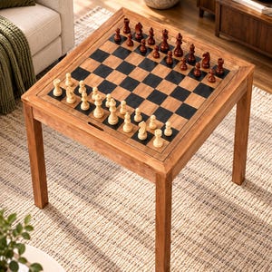 May include: A square wooden game table featuring a built-in chessboard with alternating light wood and black squares. The table is set with a full collection of light-colored and dark-colored wooden chess pieces arranged on the board surface.