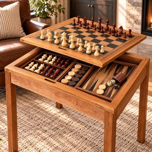 May include: A wooden game table featuring a removable top with a black and tan chessboard. The interior compartment contains storage sections for white and dark chess pieces, light and dark checkers, and a backgammon board with dice and a cup.