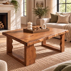 May include: A rectangular wooden coffee table with a natural live edge top and thick, wavy-cut legs. On the table sits a rectangular wooden tray containing a white pillar candle, a white ceramic sculpture, and a cluster of wooden spheres.