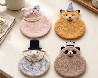 3D Animal Wool Felt Coaster, Handmade Needle Felt Cup Mat, Cute Pig Fox Sheep Panda Coaster, Kawaii Table Decor