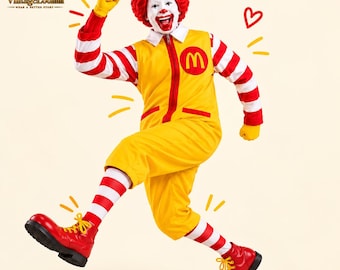 Op de afbeelding: Een Ronald McDonald-kostuum bestaande uit een gele jumpsuit met een rood McDonald's-logo, rood-wit gestreepte lange mouwen, rood-wit gestreepte sokken, gele handschoenen en rode laarzen. Het personage heeft felrood haar en witte schmink.