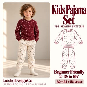 May include: A PDF sewing pattern for a kids pajama set featuring a long-sleeve top with a star print and matching pants with a polka dot print. The text reads Kids Pajama Set, PDF Sewing Pattern, Beginner Friendly, 2-3Y to 10Y, A0 + A4 + US Letter.