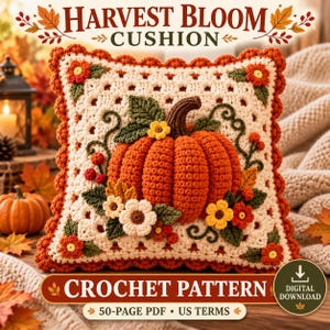 Harvest Bloom Crochet Pumpkin Cushion Pattern, Autumn Floral Pillow Cover (PDF Download)