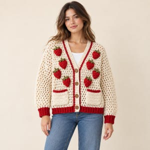 Strawberry Cardigan Crochet Pattern PDF, Chunky Mesh Sweater with Pockets, Cottagecore Cardigan, Sizes S–XL