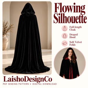 Puede incluir: Una capa larga de terciopelo negro con capucha drapeada y forro interior rojo. El texto Flowing Silhouette, LaishoDesignCo y PDF Sewing Pattern Digital Download es visible en el diseño gráfico de la imagen.
