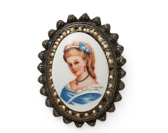 Vintage LIMOGES hand painted porcelain seed pearl cameo portrait brooch SALE