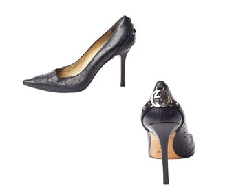 vintage Y2K GUCCI by Tom Ford pumps / perforated black leather / silver metal GG logo / stiletto heels / Made in Italy