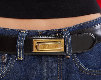 vintage 90's MOSCHINO belt / gold logo buckle clasp / glossy patent leather / Redwall / fully adjustible / Made in Italy