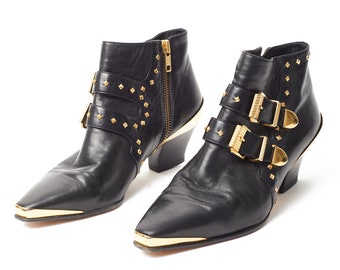 vintage 90's GIANNI VERSACE 'Miss S&M' runway studded leather ankle boots / F/W 1992 bondage collection / gold buckles / low heel / Italy