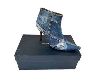 vintage 90's DOLCE & GABBANA ankle boots / denim patchwork / pointed toe / stiletto heel / leopard leather lining / original box / Italy