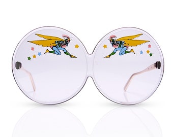 vintage 60's PETER MAX for TURA huge sunglasses / wearable pop art / round violet frameless lenses / artist illustrations