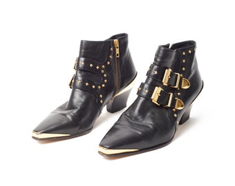 vintage 90&#39;s GIANNI VERSACE &#39;Miss S&M&#39; runway studded leather ankle boots / F/W 1992 bondage collection / gold buckles / low heel / Italy