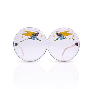 Óculos de sol enormes PETER MAX for TURA vintage dos anos 60/pop art vestível/lentes redondas violetas sem moldura/ilustrações artísticas