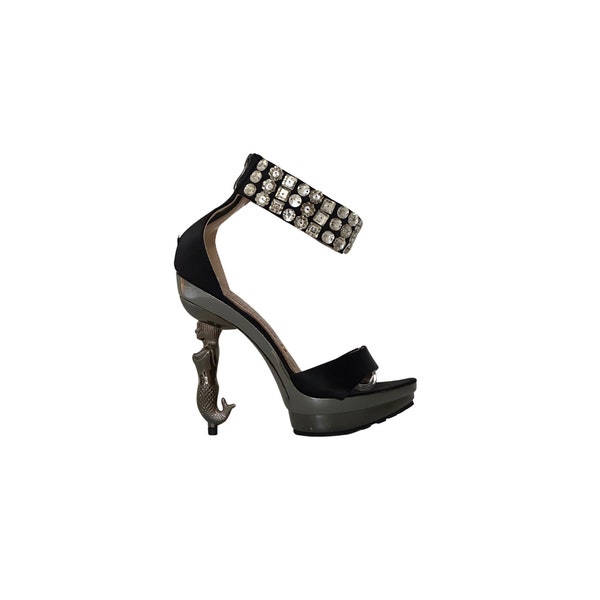 vintage GIANMARCO LORENZI mermaid heels / Couture / Y2K / platform shoe / chrome heel / rhinestone ankle strap / satin / Italy