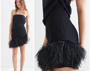 vintage 90&#39;s COVERS strapless mini dress / marabou feather trim skirt/ asymmetrical hem / draped silk chiffon bustier / wool / Australian