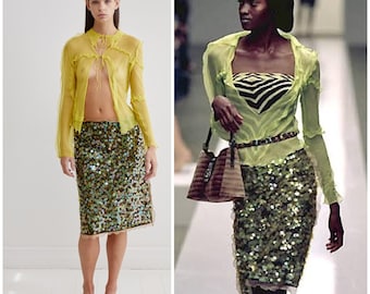 vintage Y2K FENDI skirt / SS 2000 runway / acid green sequin pailettes / Zucca print / ssilk chiffon frills / Karl Lagerfeld / Vogie Italia