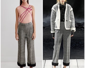 vintage CHANEL Y2K tailored trousers / runway / Lesage wool tweed / satin cuffs / herringbone / CC logo plaque/ Karl Lagerfeld