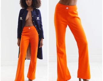 vintage 70&#39;s COURREGES PARIS bootleg trousers / Courreges logo / numbered Hyperbole label / snap button / raw hems / flares / pants / France