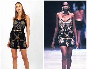 vintage 90's GIANNI VERSACE Couture mini dress / SS 1990 runway / silk embroidered / heavy bronze beaded / boned sweetheart bodice