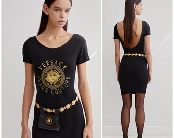 vintage Y2K VERSACE logo dress / Versace Jeans Couture / gold embroidered Medusa sun motif / sccop back / body con / Greek key / Italy