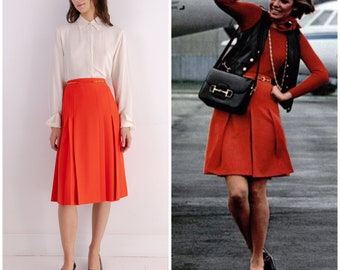 vintage 70&#39;s CELINE PARIS kilt skirt / light weight wool / pillarbox red / box knife pleats / high waisted / gold horsebit logo hardware