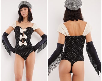 vintage Y2K VALENTINO bodysuit / WOLFORD / polka dot / cut-outs / oversized satin bows / cap sleeves / bra cups / g-string / thong / Austria