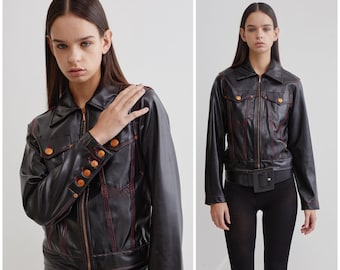 vintage 90's Jean Paul Gaultier PVC jacket / JPG Jeans / vegan leather / brass logo buttons / red contrast stitching / logo patch / EUC