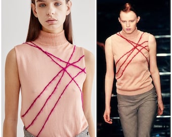 vintage 90's GIANNI VERSACE Couture top / SS 1998 runway / sleeveless turtleneck shirt / mohair stripes / pale pink + cherry / Italy