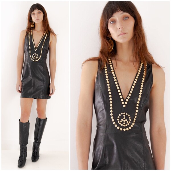 vintage 90's MOSCHINO leather dress / studded gold peace sign / plunge neckline / black lambskin shift / Pret a Porter / Made in Italy