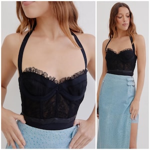 vintage Y2K ALEXANDER McQUEEN bustier / FW 2003 collection / boned lace bodice / halter strap / gothic romantic / Made in Italy