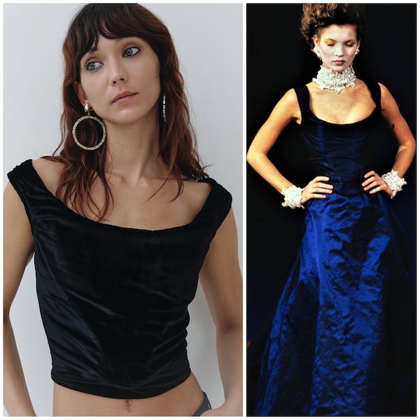 vintage 90's VIVIENNE WESTWOOD corset / SS 1994 'Cafe Society' collection / stretch velvet / draped front/ boned bustier / cropped / England