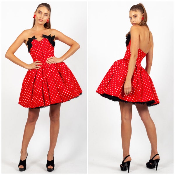 vintage S/S 1988 CHRISTIAN LACROIX LUXE pouff dress / polka dot print / full skirt / crinolines / black ribbon bows