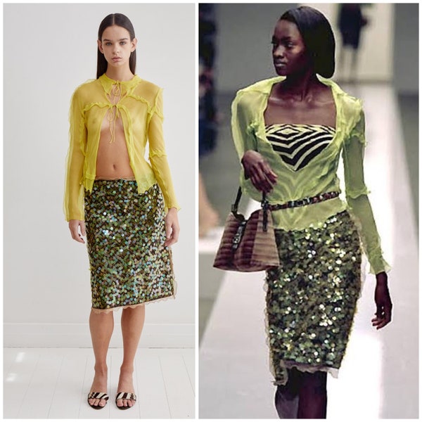 vintage Y2K FENDI skirt / SS 2000 runway / acid green sequin pailettes / Zucca print / ssilk chiffon frills / Karl Lagerfeld / Vogie Italia