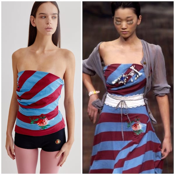 vintage VIVIENNE WESTWOOD runway bustier / SS 2002 / Nymphs / Gold Label / rugby stripe / embroidered rose / orb logo / tube top / Italy