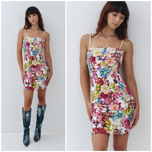 vintage Y2K DOLCE GABBANA mini dress / D&G / stretch floral print silk satin / adjustable straps / lingerie inspired / bustier / Italy