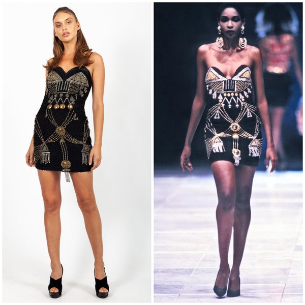 vintage 90's GIANNI VERSACE Couture mini dress / SS 1990 runway / silk embroidered / heavy bronze beaded / boned sweetheart bodice