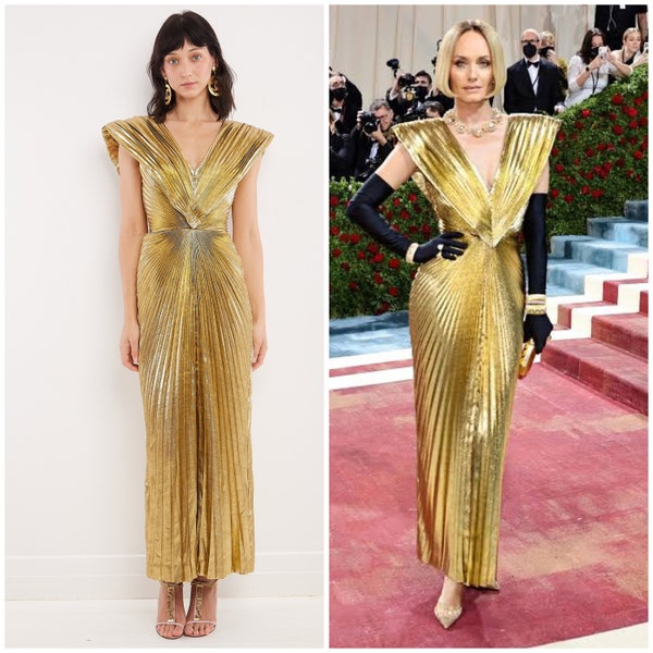 vintage 80's LORIS AZZARO gown / gold lamé lurex / sunray knife pleats / structured shoulders / Met Gala / evening dress / Amber Valletta